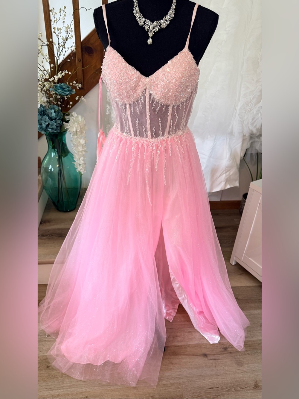 Pink Beaded Tulle Gown